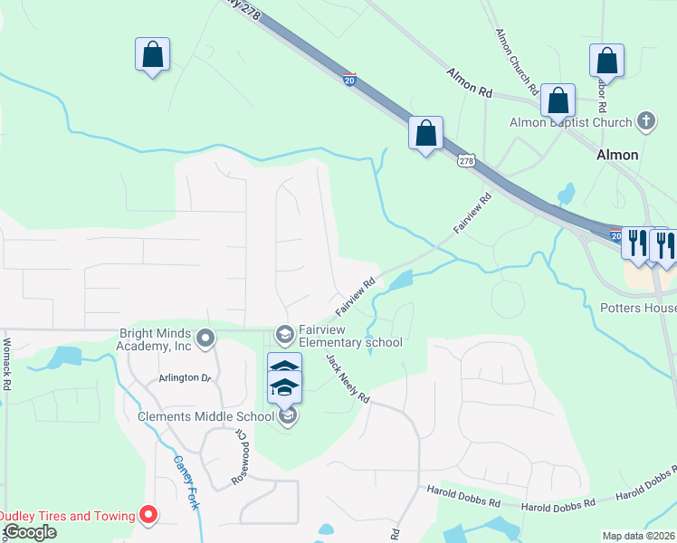map of restaurants, bars, coffee shops, grocery stores, and more near 30 Fairclift Drive in Covington