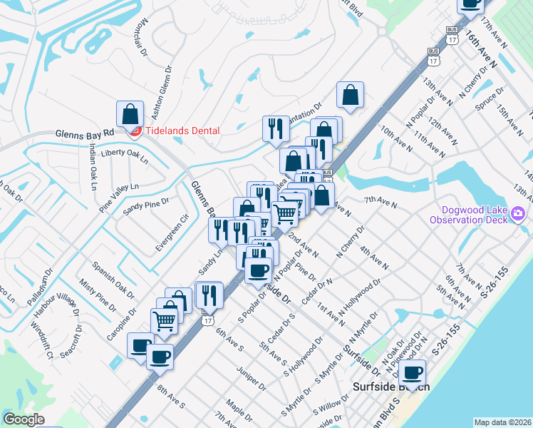 map of restaurants, bars, coffee shops, grocery stores, and more near 1012 2nd Avenue North in Surfside Beach