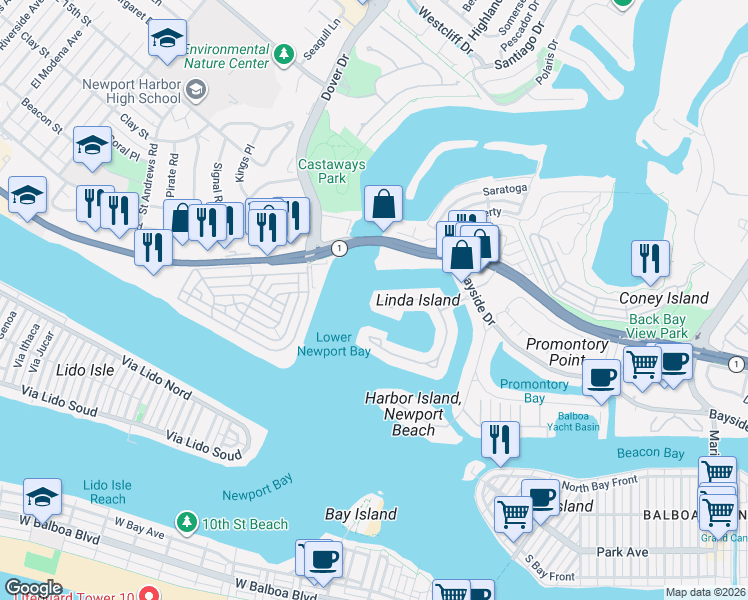 map of restaurants, bars, coffee shops, grocery stores, and more near 88 Linda Isle in Newport Beach