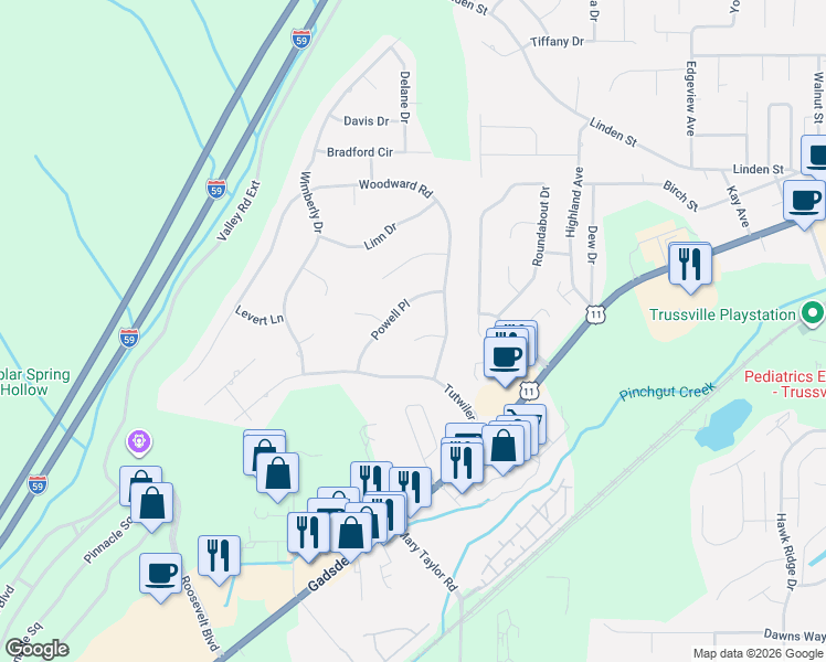 map of restaurants, bars, coffee shops, grocery stores, and more near 205 Powell Place in Trussville