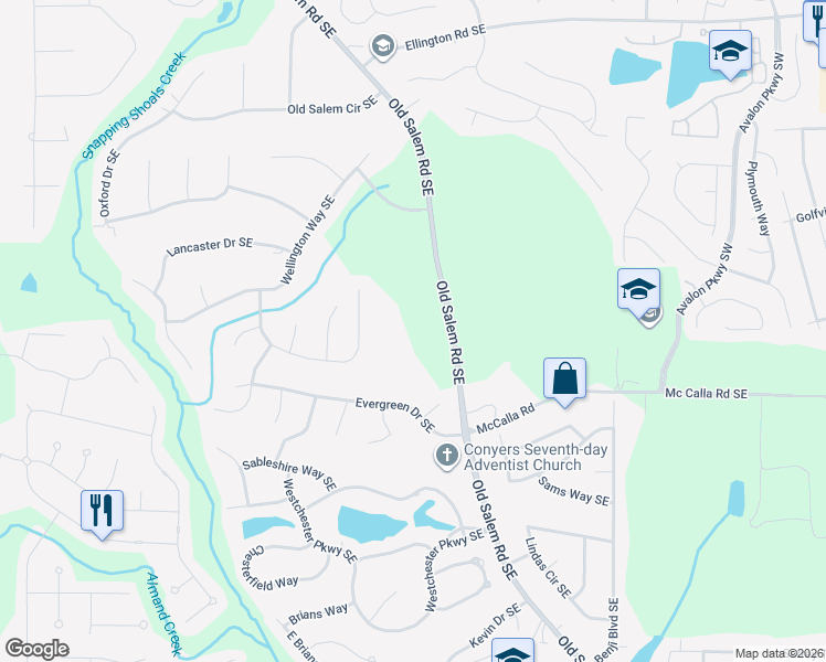 map of restaurants, bars, coffee shops, grocery stores, and more near 2855 Old Salem Road Southeast in Conyers