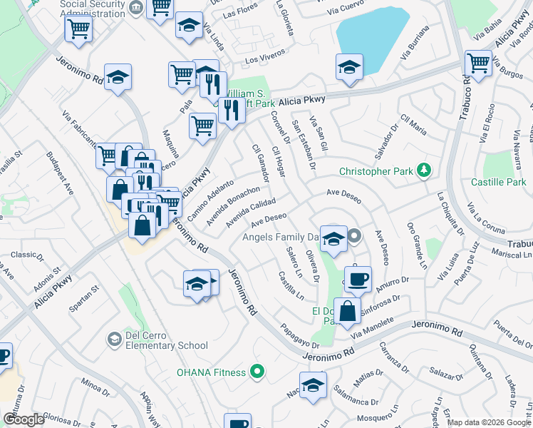 map of restaurants, bars, coffee shops, grocery stores, and more near 26242 Avenida Calidad in Mission Viejo