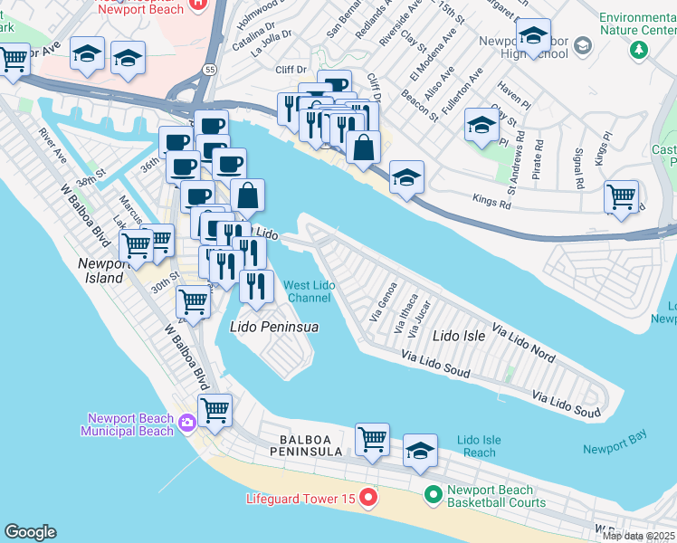 map of restaurants, bars, coffee shops, grocery stores, and more near 106 Via Cordova in Newport Beach