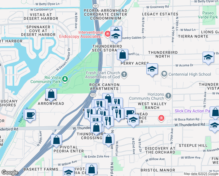 map of restaurants, bars, coffee shops, grocery stores, and more near in Peoria