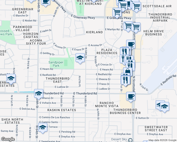 map of restaurants, bars, coffee shops, grocery stores, and more near 14201 North 68th Street in Scottsdale
