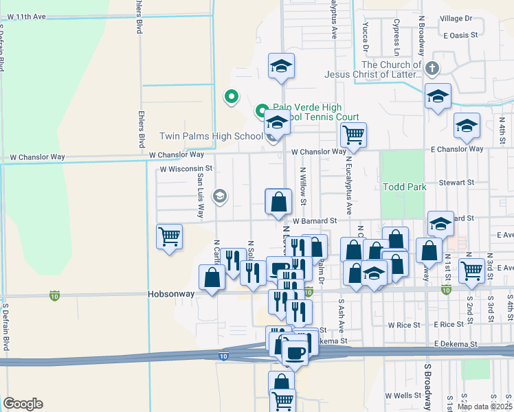 map of restaurants, bars, coffee shops, grocery stores, and more near 346 North Solano Avenue in Blythe