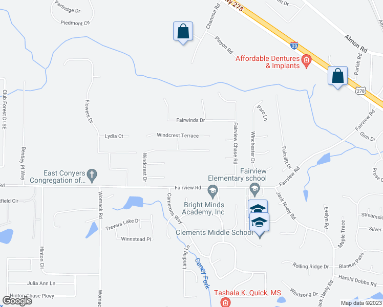 map of restaurants, bars, coffee shops, grocery stores, and more near 54 Windcrest Drive in Covington