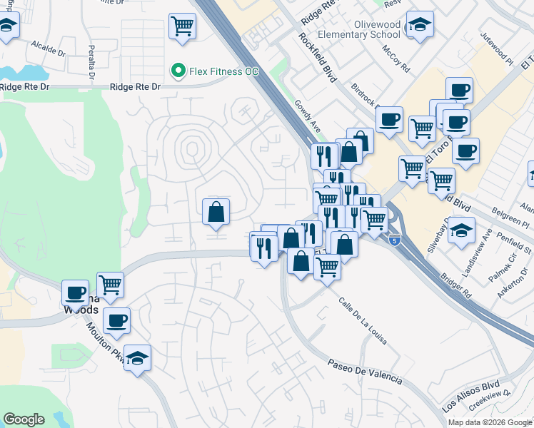 map of restaurants, bars, coffee shops, grocery stores, and more near 2048 Via Mariposa East in Laguna Woods