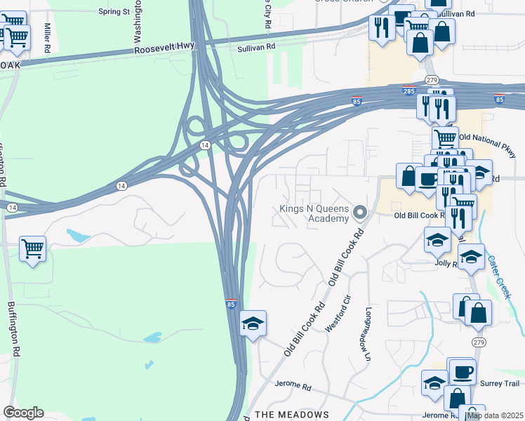 map of restaurants, bars, coffee shops, grocery stores, and more near 3140 Godby Road in College Park