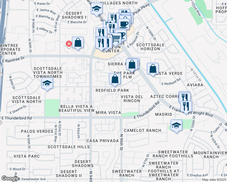 map of restaurants, bars, coffee shops, grocery stores, and more near 9494 East Redfield Road in Scottsdale