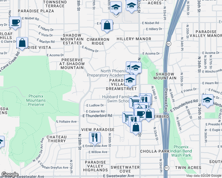 map of restaurants, bars, coffee shops, grocery stores, and more near 3010 East Redfield Road in Phoenix