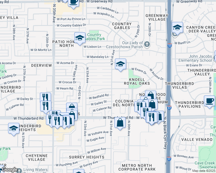 map of restaurants, bars, coffee shops, grocery stores, and more near 3053 West Crocus Drive in Phoenix