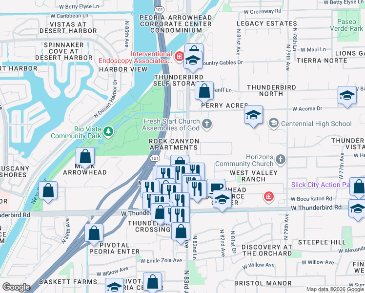 map of restaurants, bars, coffee shops, grocery stores, and more near in Peoria