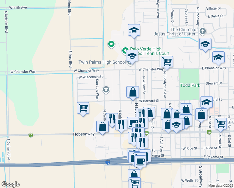 map of restaurants, bars, coffee shops, grocery stores, and more near 346 North Solano Avenue in Blythe