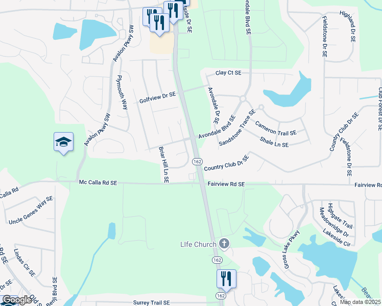 map of restaurants, bars, coffee shops, grocery stores, and more near 2816 Salem Road Southeast in Conyers
