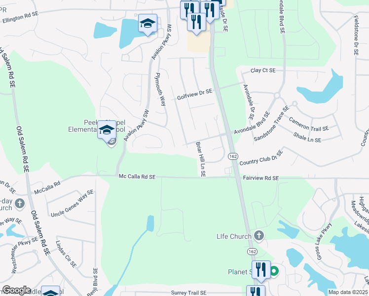 map of restaurants, bars, coffee shops, grocery stores, and more near 2108 Country Walk Way Southeast in Conyers