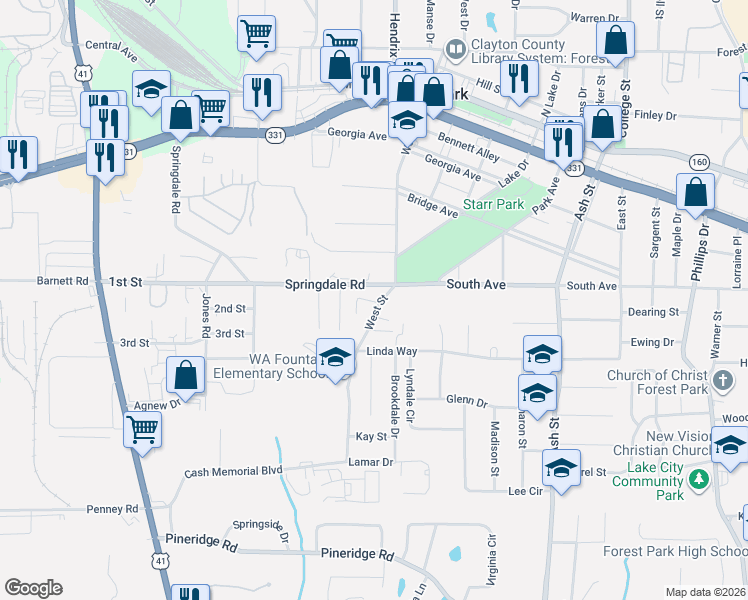 map of restaurants, bars, coffee shops, grocery stores, and more near 5249 Springdale Road in Forest Park