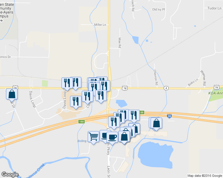 map of restaurants, bars, coffee shops, grocery stores, and more near 1880 Highway 4 in Oxford