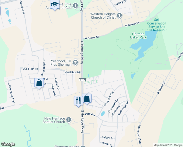 map of restaurants, bars, coffee shops, grocery stores, and more near 1000 South Heritage Parkway in Sherman