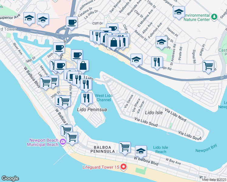 map of restaurants, bars, coffee shops, grocery stores, and more near 115 Via Cordova in Newport Beach