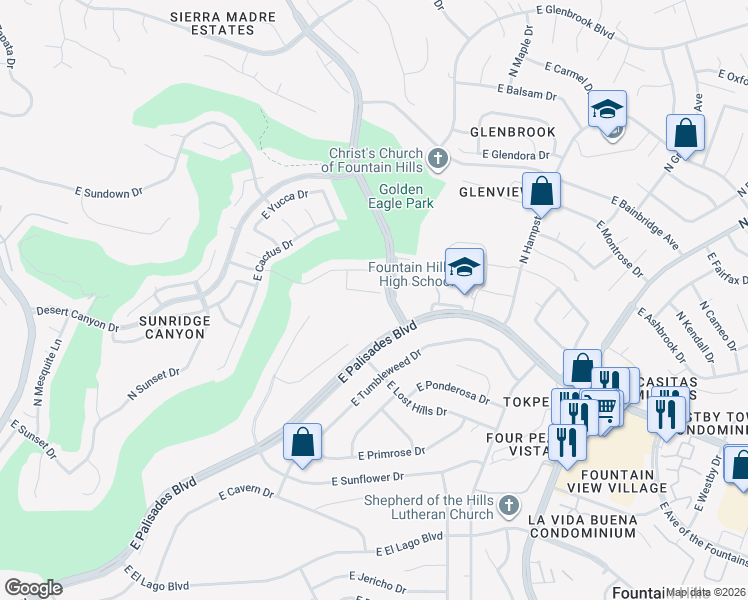 map of restaurants, bars, coffee shops, grocery stores, and more near 15852 East Bursage Drive in Fountain Hills