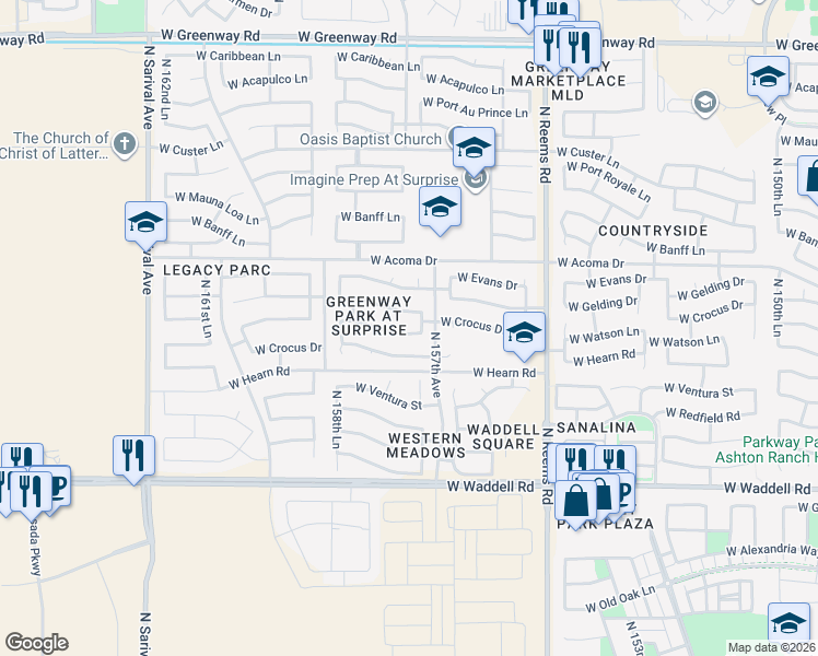 map of restaurants, bars, coffee shops, grocery stores, and more near 15753 West Gelding Drive in Surprise
