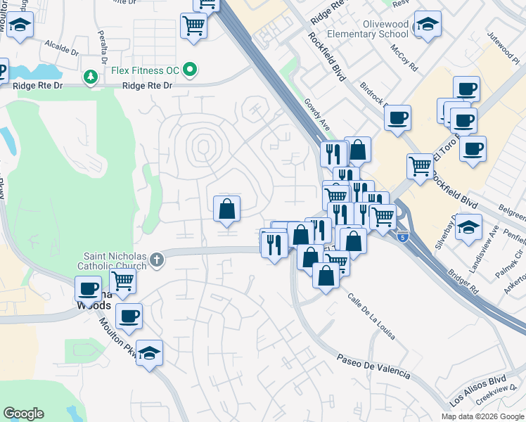 map of restaurants, bars, coffee shops, grocery stores, and more near 2217 Via Mariposa East in Laguna Woods