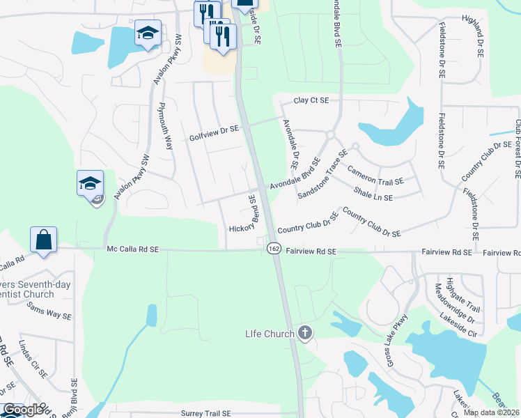 map of restaurants, bars, coffee shops, grocery stores, and more near 2816 Salem Road Southeast in Conyers