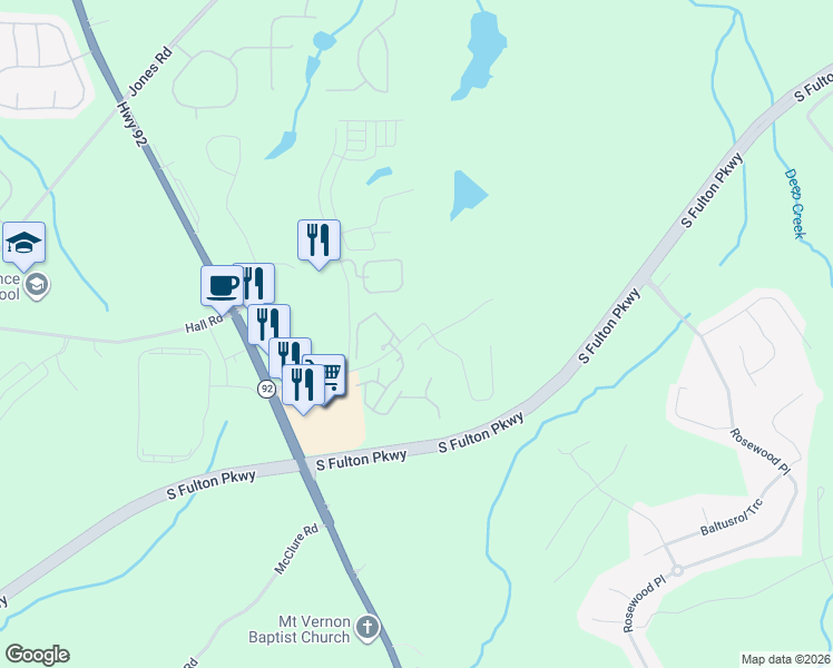 map of restaurants, bars, coffee shops, grocery stores, and more near 5165 Thompson Road in Fairburn