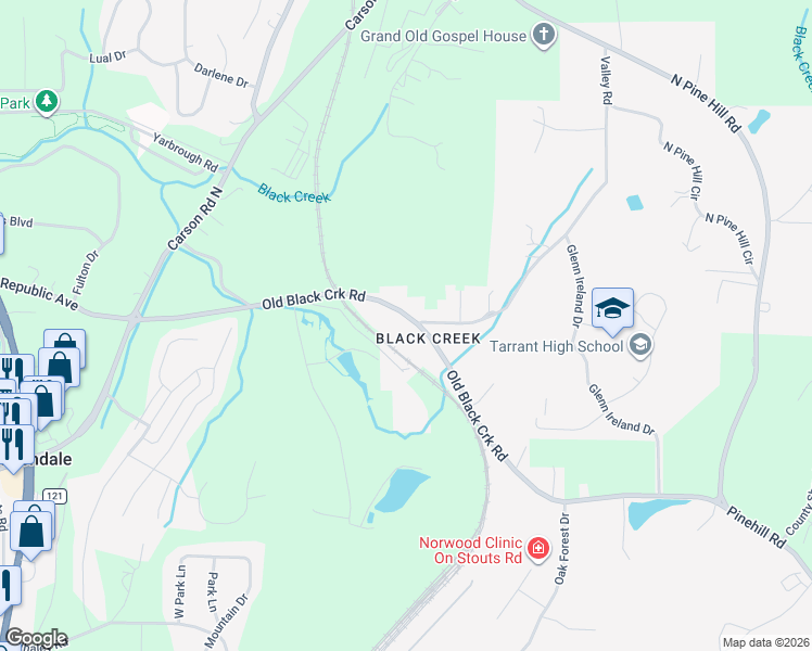 map of restaurants, bars, coffee shops, grocery stores, and more near 504 Black Creek Road in Birmingham