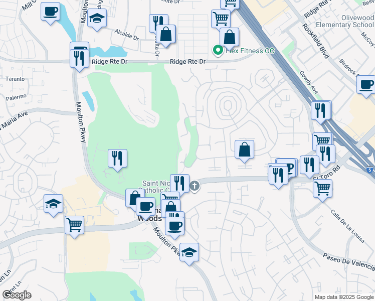 map of restaurants, bars, coffee shops, grocery stores, and more near Via Mariposa West in Laguna Woods