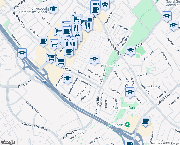 map of restaurants, bars, coffee shops, grocery stores, and more near 24732 Alanwood Street in Lake Forest