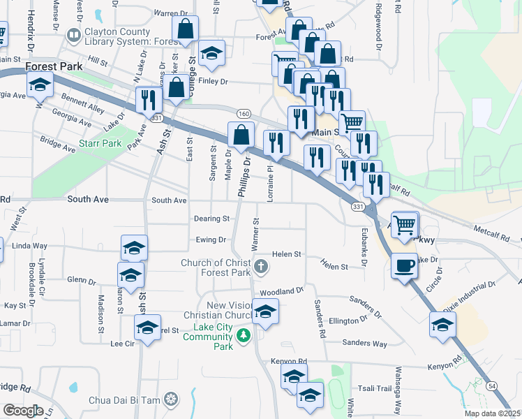 map of restaurants, bars, coffee shops, grocery stores, and more near 5118 Warner Street in Forest Park