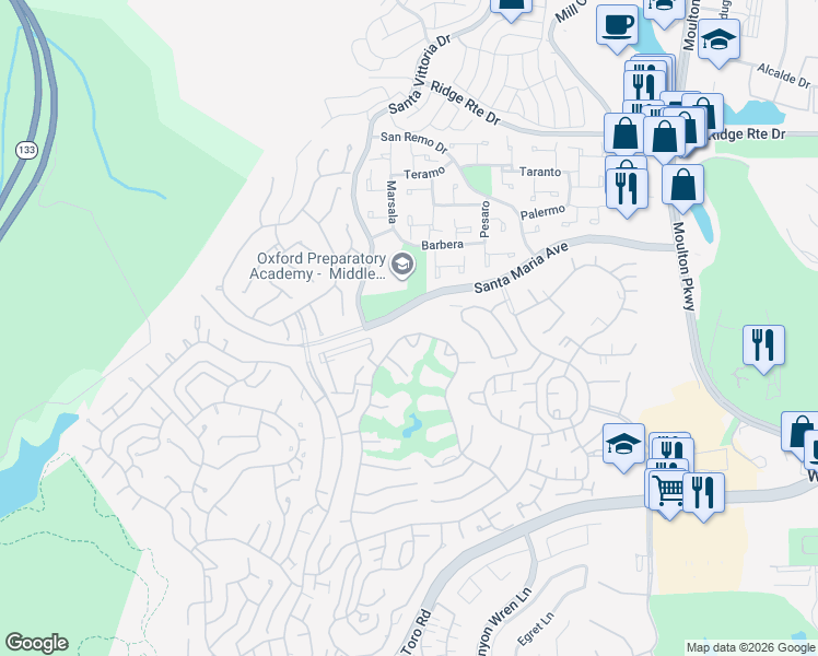 map of restaurants, bars, coffee shops, grocery stores, and more near 5499 Paseo Del Lago West in Laguna Woods