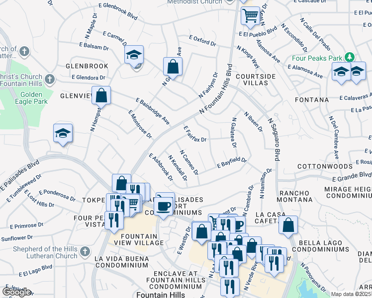 map of restaurants, bars, coffee shops, grocery stores, and more near 16609 East Cotswold Court in Fountain Hills