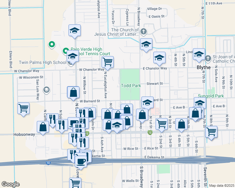 map of restaurants, bars, coffee shops, grocery stores, and more near 339 North Main Street in Blythe