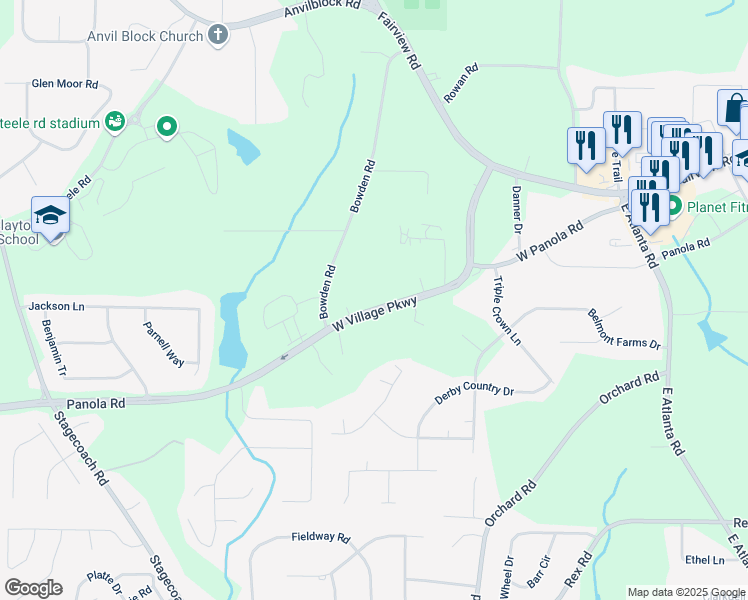 map of restaurants, bars, coffee shops, grocery stores, and more near 4131 West Village Parkway in Ellenwood