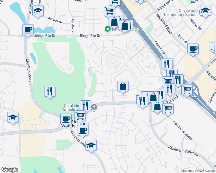 map of restaurants, bars, coffee shops, grocery stores, and more near 2174 Via Mariposa East in Laguna Woods