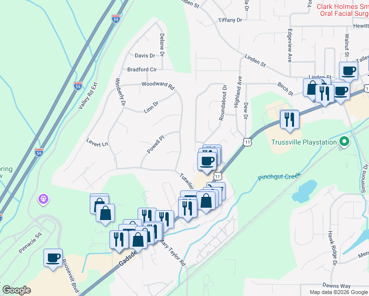 map of restaurants, bars, coffee shops, grocery stores, and more near 120 Woodward Road in Trussville