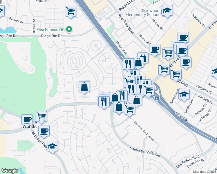 map of restaurants, bars, coffee shops, grocery stores, and more near 2093 Ronda Granada in Laguna Woods