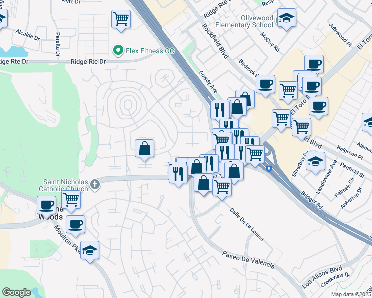 map of restaurants, bars, coffee shops, grocery stores, and more near 2093 Ronda Granada in Laguna Woods