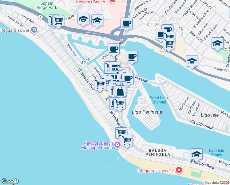map of restaurants, bars, coffee shops, grocery stores, and more near in Newport Beach