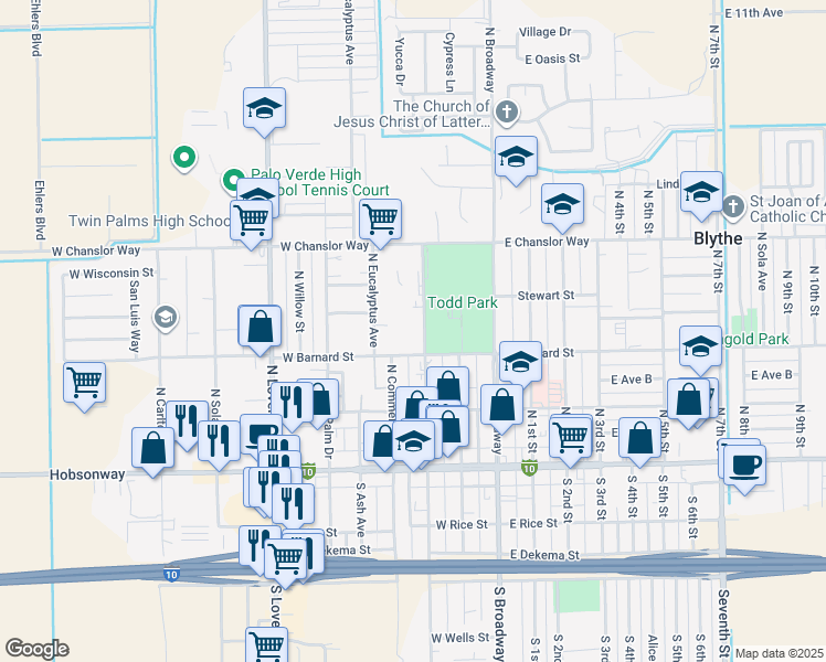 map of restaurants, bars, coffee shops, grocery stores, and more near 339 North Main Street in Blythe