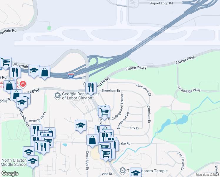 map of restaurants, bars, coffee shops, grocery stores, and more near 1405 Shoreham Drive in Atlanta