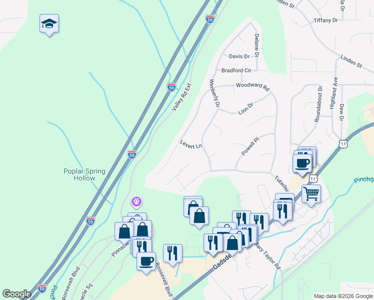 map of restaurants, bars, coffee shops, grocery stores, and more near 605 Levert Ln in Trussville