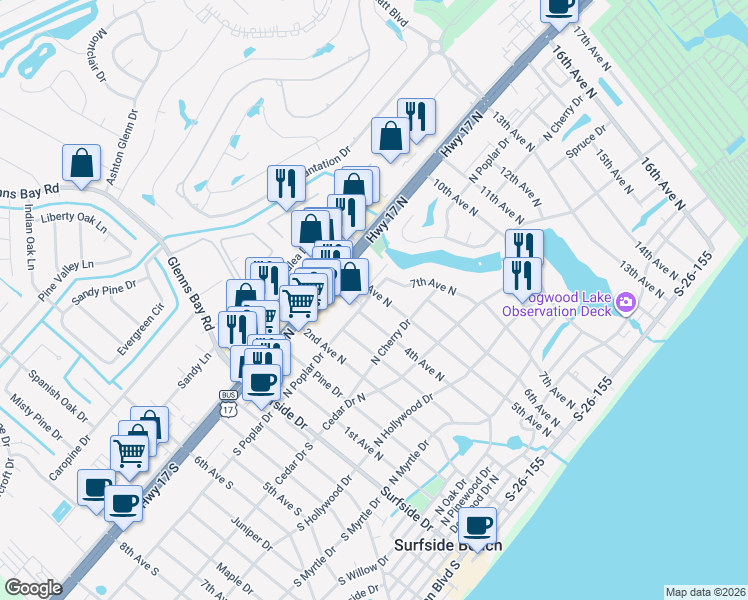 map of restaurants, bars, coffee shops, grocery stores, and more near 413 North Poplar Drive in Surfside Beach