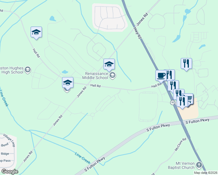 map of restaurants, bars, coffee shops, grocery stores, and more near 7200 Hall Rd in Fairburn