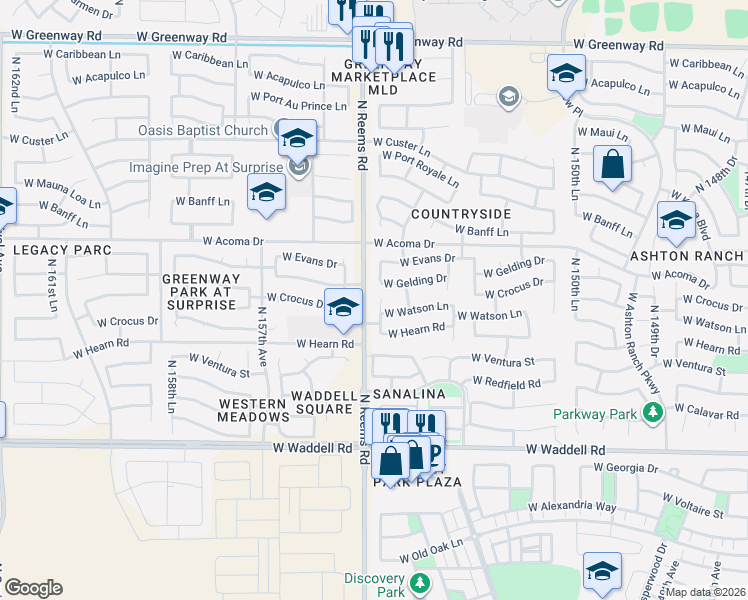 map of restaurants, bars, coffee shops, grocery stores, and more near 14384 North 154th Lane in Surprise