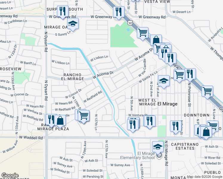 map of restaurants, bars, coffee shops, grocery stores, and more near 14502 North 125th Lane in El Mirage