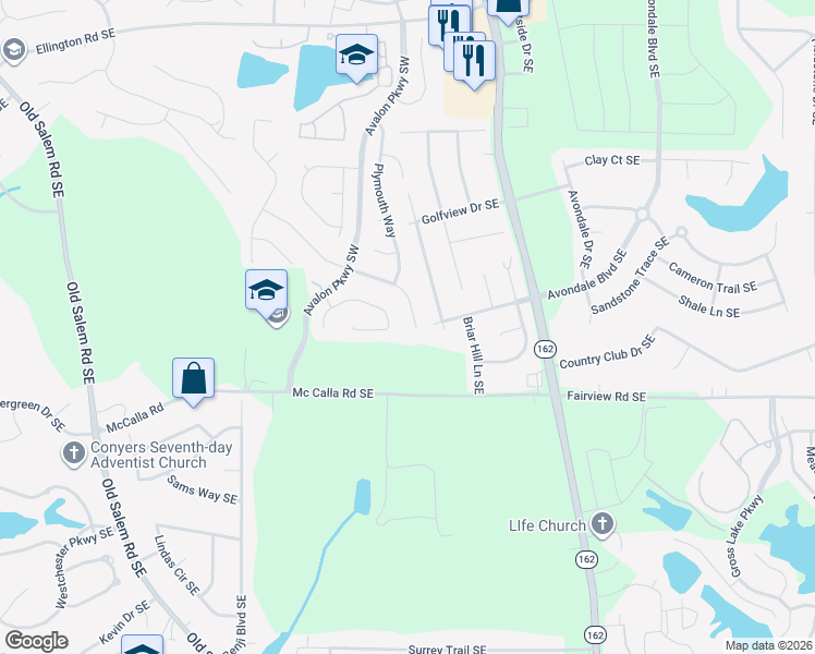 map of restaurants, bars, coffee shops, grocery stores, and more near 2973 Lighthouse Way Southeast in Conyers